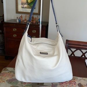 Kate Spade New York Ivory Pebbled Leather Hobo Shoulder bag with Blue handles.